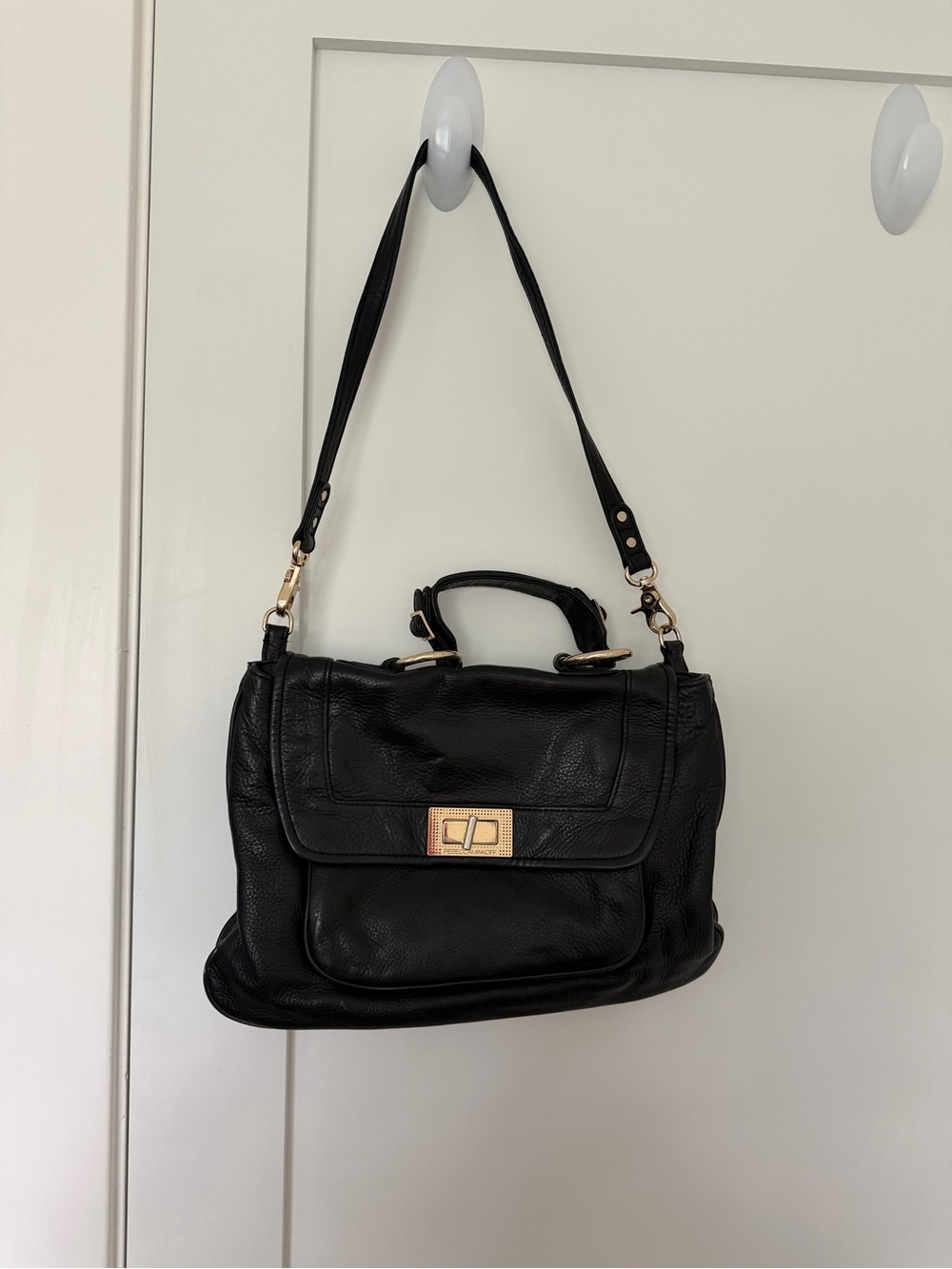 Rebecca Minkoff Black Leather Top-Handle Shoulder Bag with Gold Hardware
